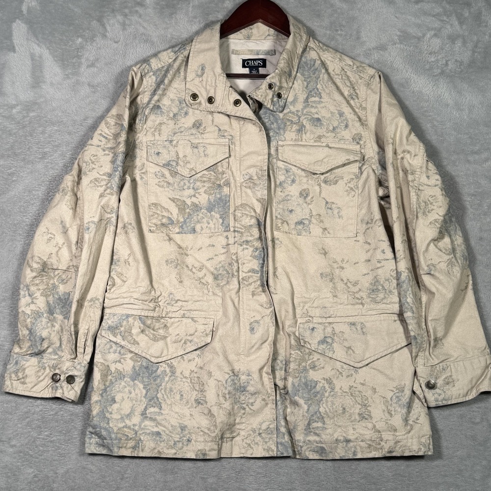 Chaps Jacket Womens M Beige Floral Cotton Military Utility Twill Zip Coat Field - Picture 2 of 11